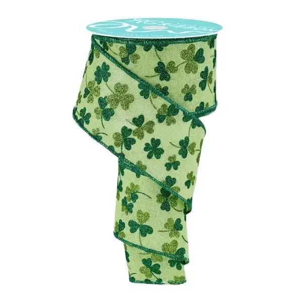 2.5" x 10yd Glitter Shamrocks Ribbon (Bright Green/Emerald/Lime)