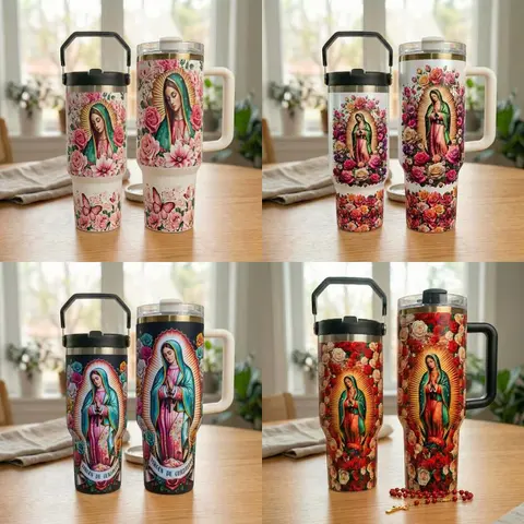 Virgin Mary Our Lady of Guadalupe Tumbler 40oz 30oz with Handle, Catholic Floral Stainless Steel Cup, Religious Gift, Insulated Hot Cold Drink Mug
