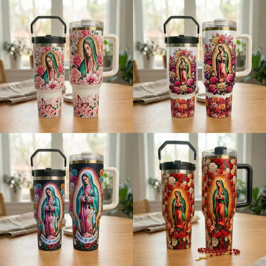 Virgin Mary Our Lady of Guadalupe Tumbler 40oz 30oz with Handle, Catholic Floral Stainless Steel Cup, Religious Gift, Insulated Hot Cold Drink Mug