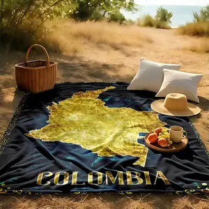 1 piece Colombia Golden Territory Map themed flannel blanket, Flannel throw blanket - Oversized fluffy warm blanket, suitable for beds/sofas, modern geometric design, all-season use, digital printing, 100% polyester material, machine washable