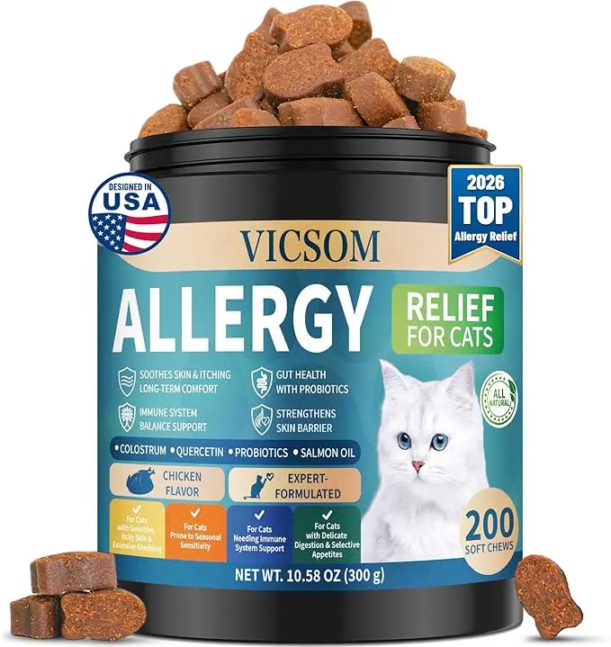 VICSOM Cat Allergy Relief Chews - 200 Soft Chews | Anti-Itch & Immune Support for Seasonal Allergies | Soothes Itchy Skin, Paw, Eye & Ear Discomfort | Chicken Flavor