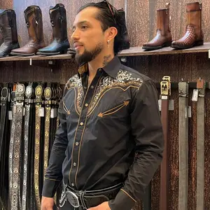 Men's embroidered collar button up shirt long sleeved casual slim semi transparent top