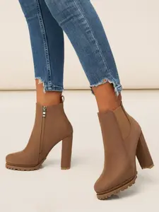 Women's Round Toe Chunky High Heel Ankle Boots, Fall Winter Outdoor Fashion Side Zip Chelsea Boots, Stylish Ladies Footwear Casual Boots