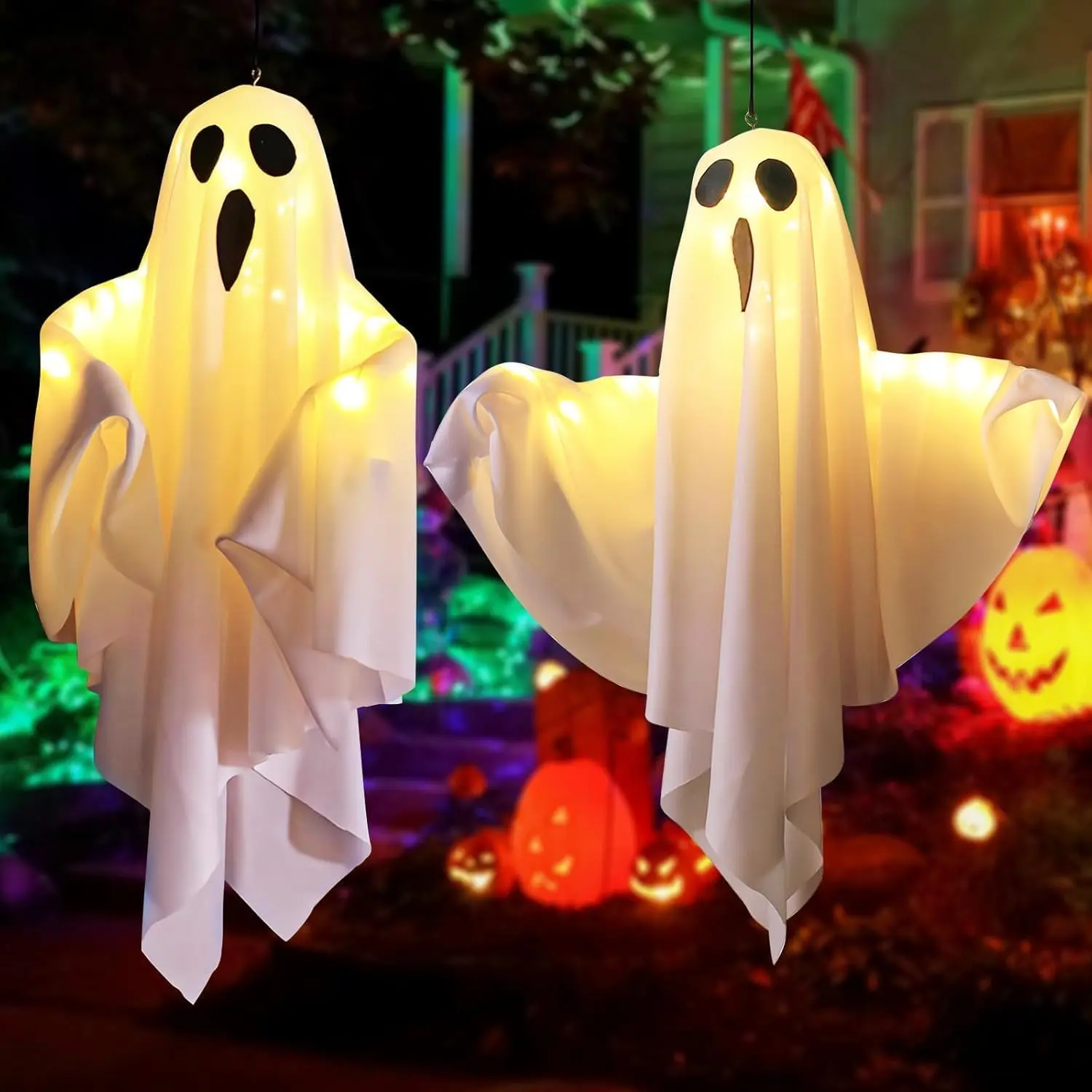 Lifnatty 2-Pack Light-Up Hanging Ghost Halloween Decorations, Battery-Operated Indoor-Outdoor Home Improvement Lanterns for Porch, Haunted House Parties
