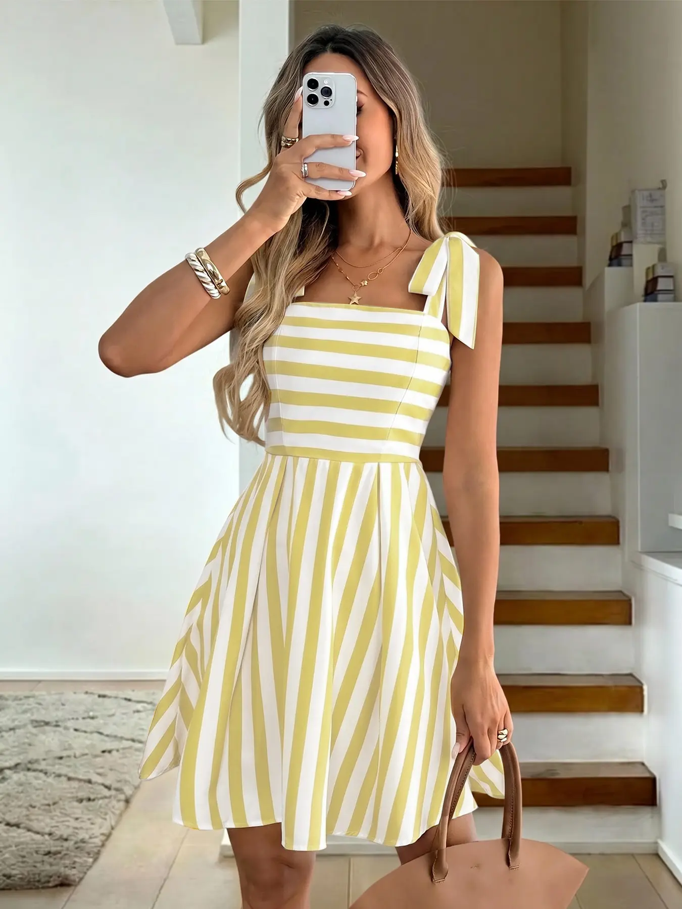 Women’s Striped Sleeveless Mini Dress - Preppy Vintage Feminine Casual Sundress with Adjustable Tie Straps, Bow Shoulder Detail, Square Neck, High-Waisted Pleated A-Line Design for Vacation, Fitted, Skater, High Waist, Lightweight, Soft, Skirt