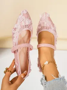 Women's Ballet Flat Shoes, Bowknot Decoration, Floral Embroidery, Breathable Mesh Upper, Square Toe, Summer Mary Jane Shoes