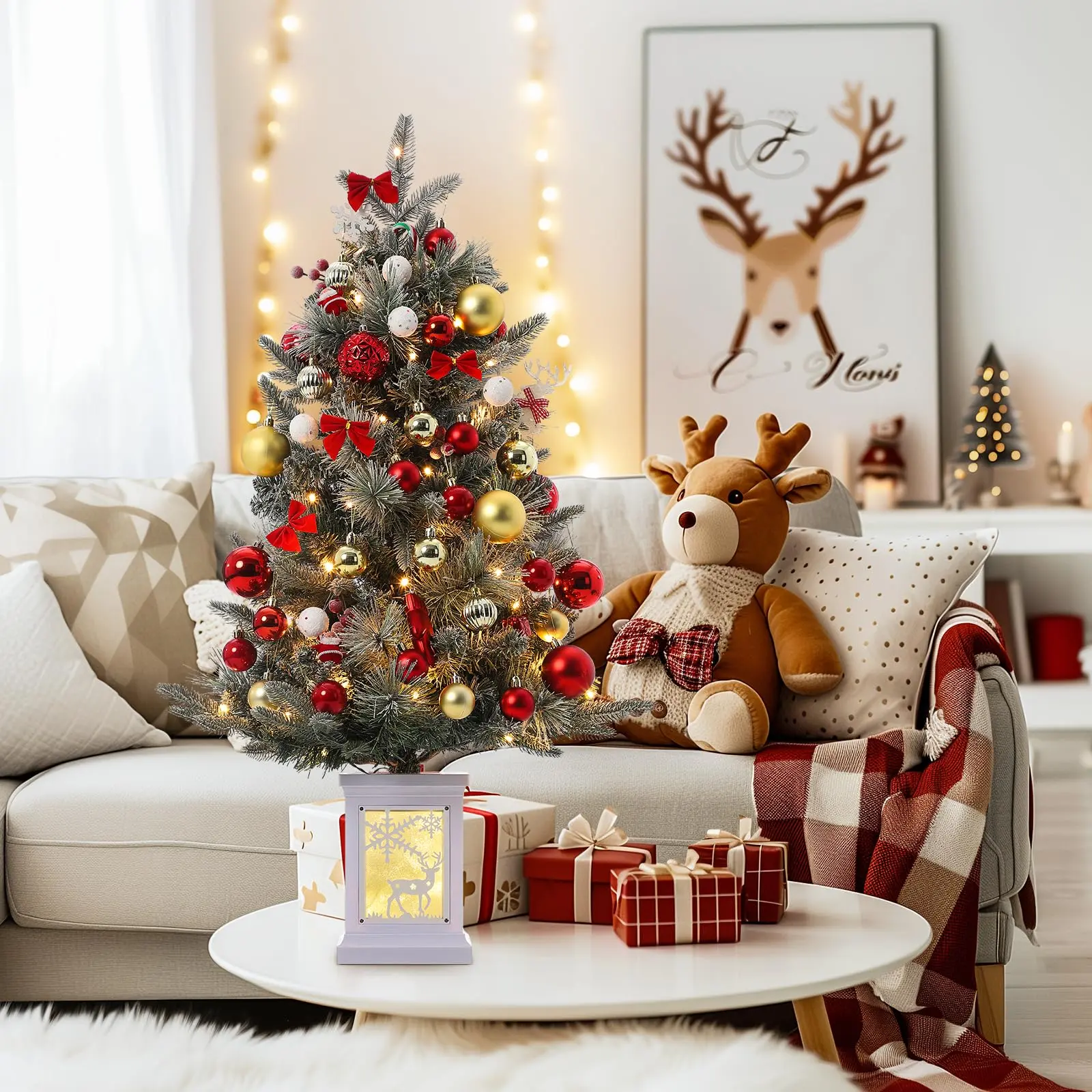 3FT Prelit Christmas Tree with 78 Warm Lights & Red Berry, Artificial Xmas Trees with Elk Light Box Base, for Home, Office, Fireside Christmas Decoration