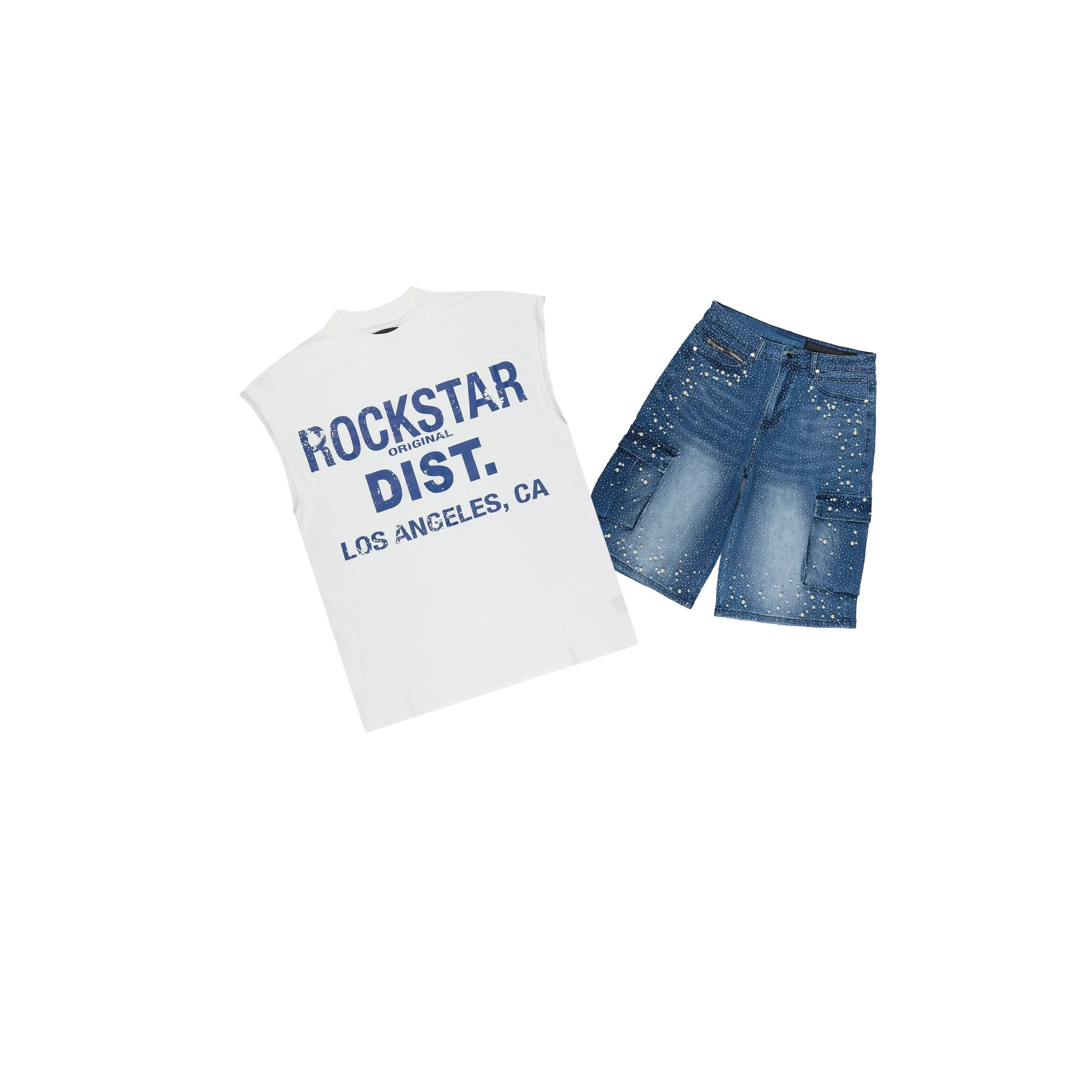 Sevyn White/Blue Rhinestone T-Shirt Denim Short Set
