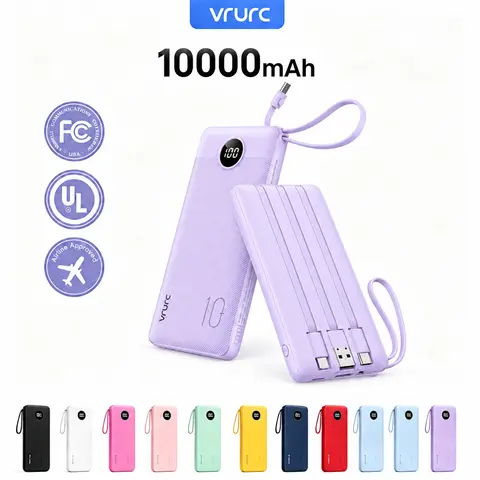 VRURC 10000mAh Portable Power Bank with 4 Built-in Cables, LED Display, Lavender Accessory - Mobile Charger for iPhone, Samsung, Compact Travel Battery Pack, EDC Gear, Multiple Device Charging Essential