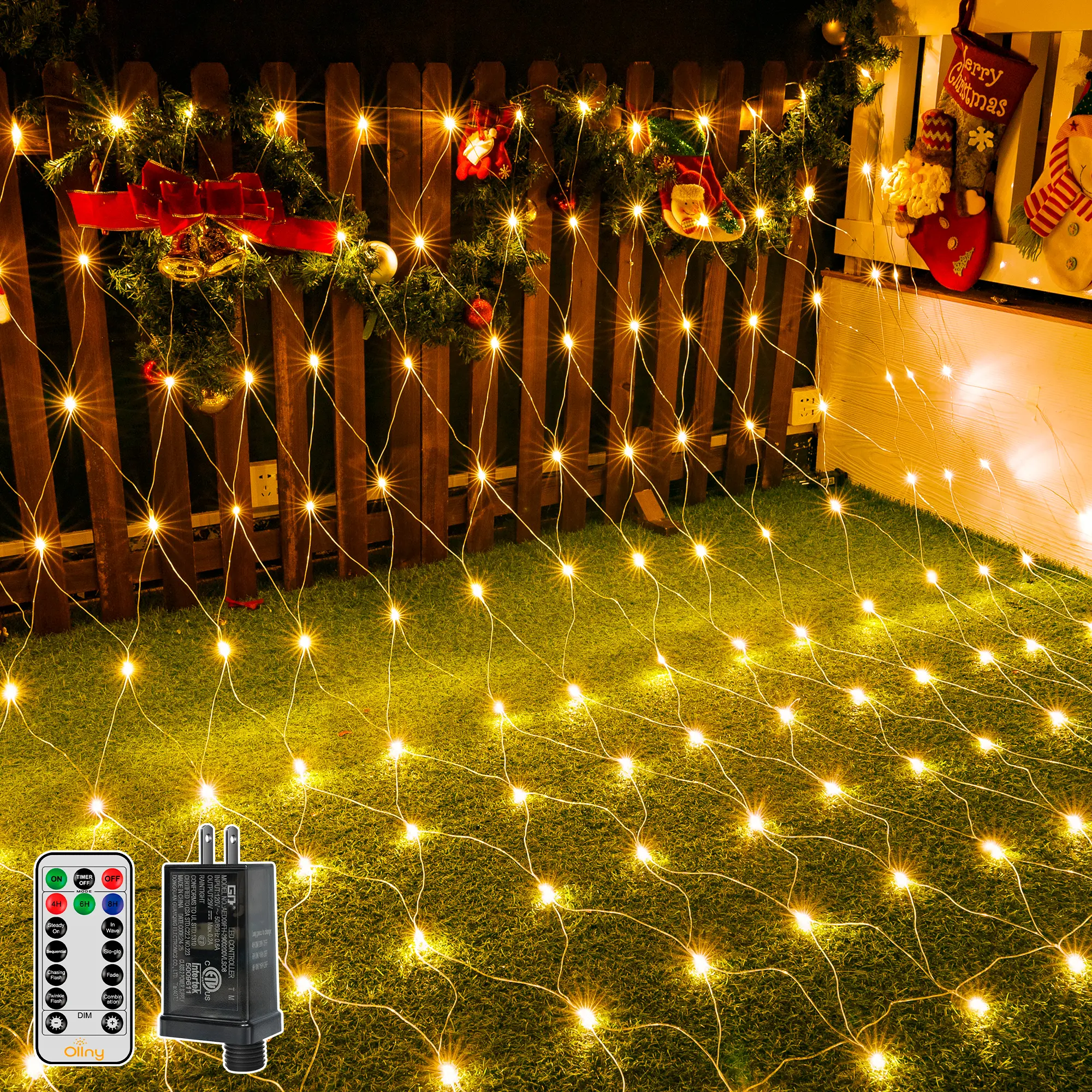 Ollny Net Outdoor Mesh Lights 210LED 10x7ft, IP67 Waterproof Connectable Christmas Lights, 8 Modes Plug-in Bush Light for Tree Shrubs Outside Indoor Decorations