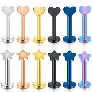 16G/18G Heart & Star Top Labret Studs - Multicolor Flat Back Piercing Jewelry for Lip, Tragus & Cartilage