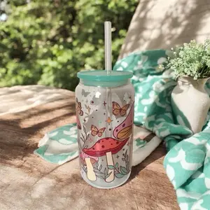 Clear Glass Mushrooms and Butterflies 16oz Cup with Lid and Straw - Ideal for Sip, Ideal for Sip - Bottle, Drinkware Tumbler Mug Washable Reusable Portable