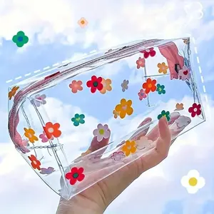 Cute Transparent Flower Pencil Case, Portable Makeup Bag with Cartoon Floral Design, Suitable for Women and Girls, PVC Cosmetic Storage Bag