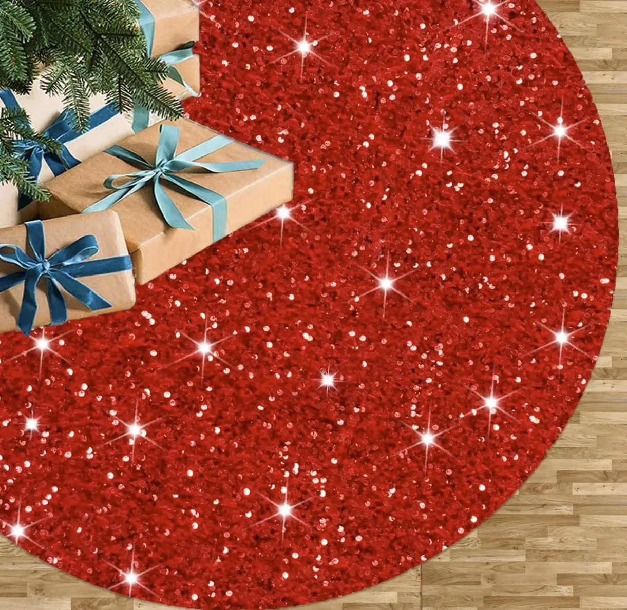 Christmas Fall Tree Skirt 21 Inch Diameter Red Velvet Fabric Soft Metallic Tree Cover Mat Glitter Embroidered and Sequined Tree Skirts for Christmas Tree Decorations and Ornaments