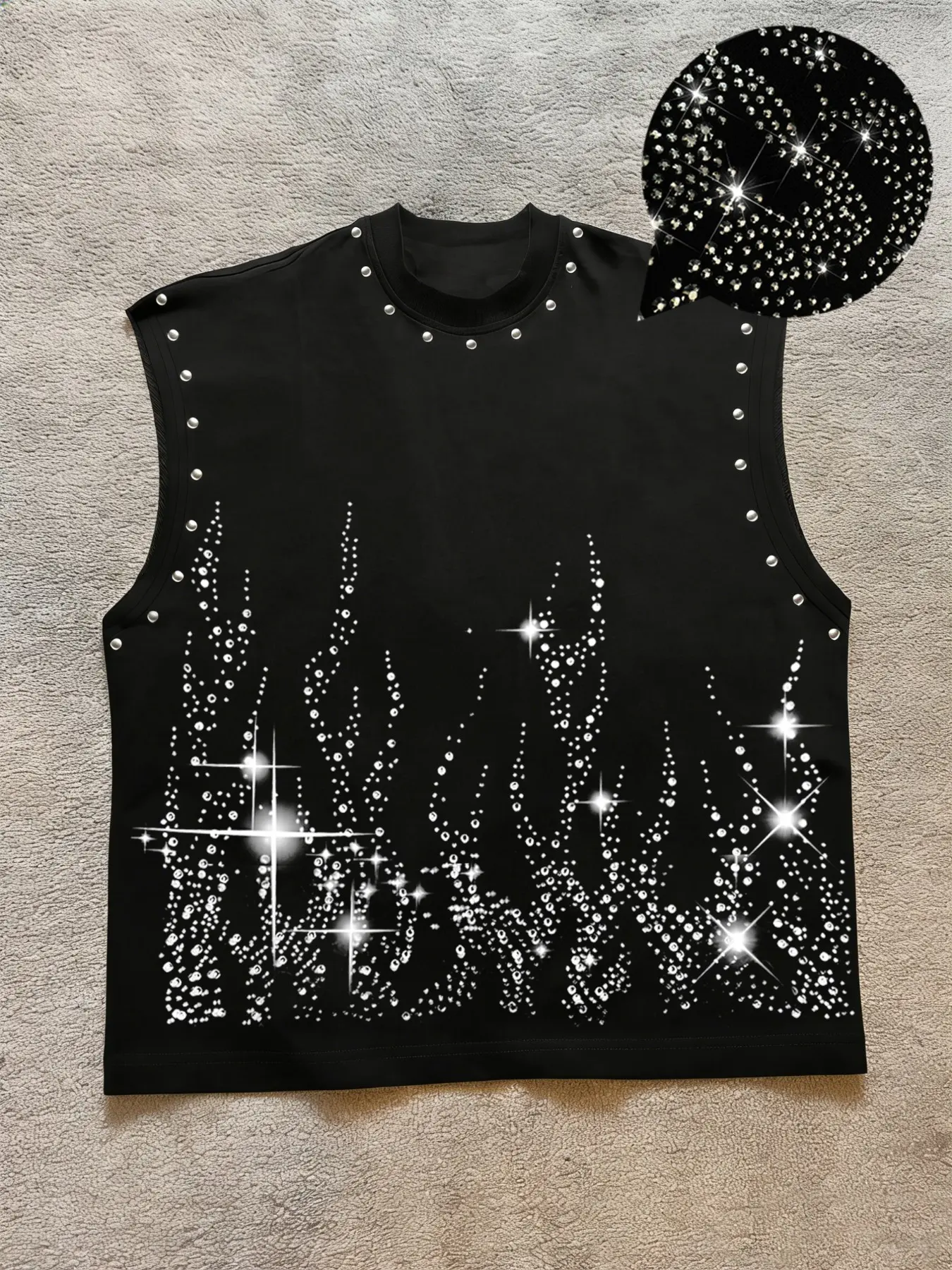Men's Summer Casual Tank Top, Flame Rhinestone Print + Stud Design, Sleeveless Vest, Gym Fitness Streetwear, Trendy and Comfortable