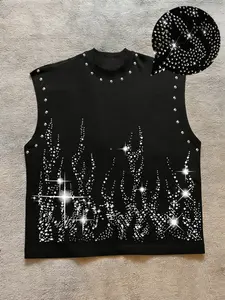 Men's Summer Casual Tank Top, Flame Rhinestone Print + Stud Design, Sleeveless Vest, Fitness Streetwear, Trendy and Comfortable
