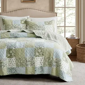 Reversible Patchwork Quilt  Size, Lightweight Farmhouse  Shabby Chic Bedding Set with 1 Pillow Sham, Green Floral Printed  Bedspread Coverlet for  Seasons