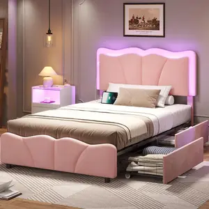 SIKAIC Twin Size Bed Frames with 4 Storage Drawers LED Lights Charging Station Velvet Upholstered Platform and Adjustable Headboard Pink Furniture Usb Port Comfortable Modern affordable luxury bed frames