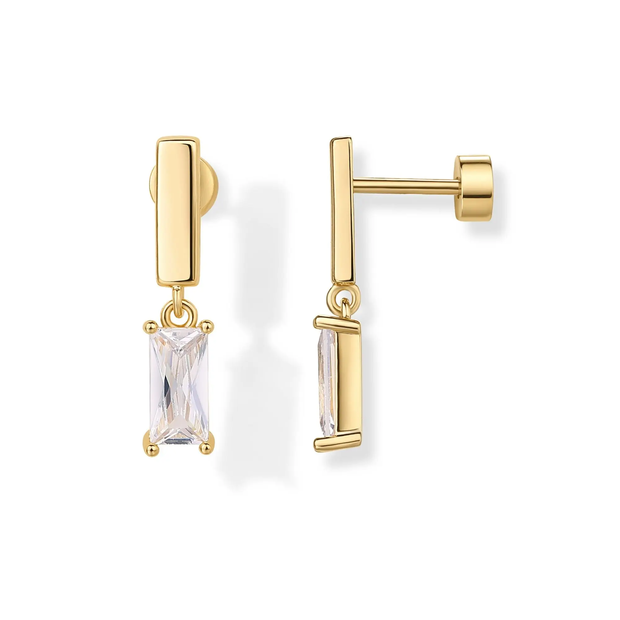 PAVOI 14K Gold Plated Mini Bar Drop Dangle Flatback Earrings for Women - Sterling Silver Posts Dainty Helix Cartilage Piercing Jewelry - Baguette Bezel Marquise Pearl Cubic Zirconia Screwback Stud Earrings