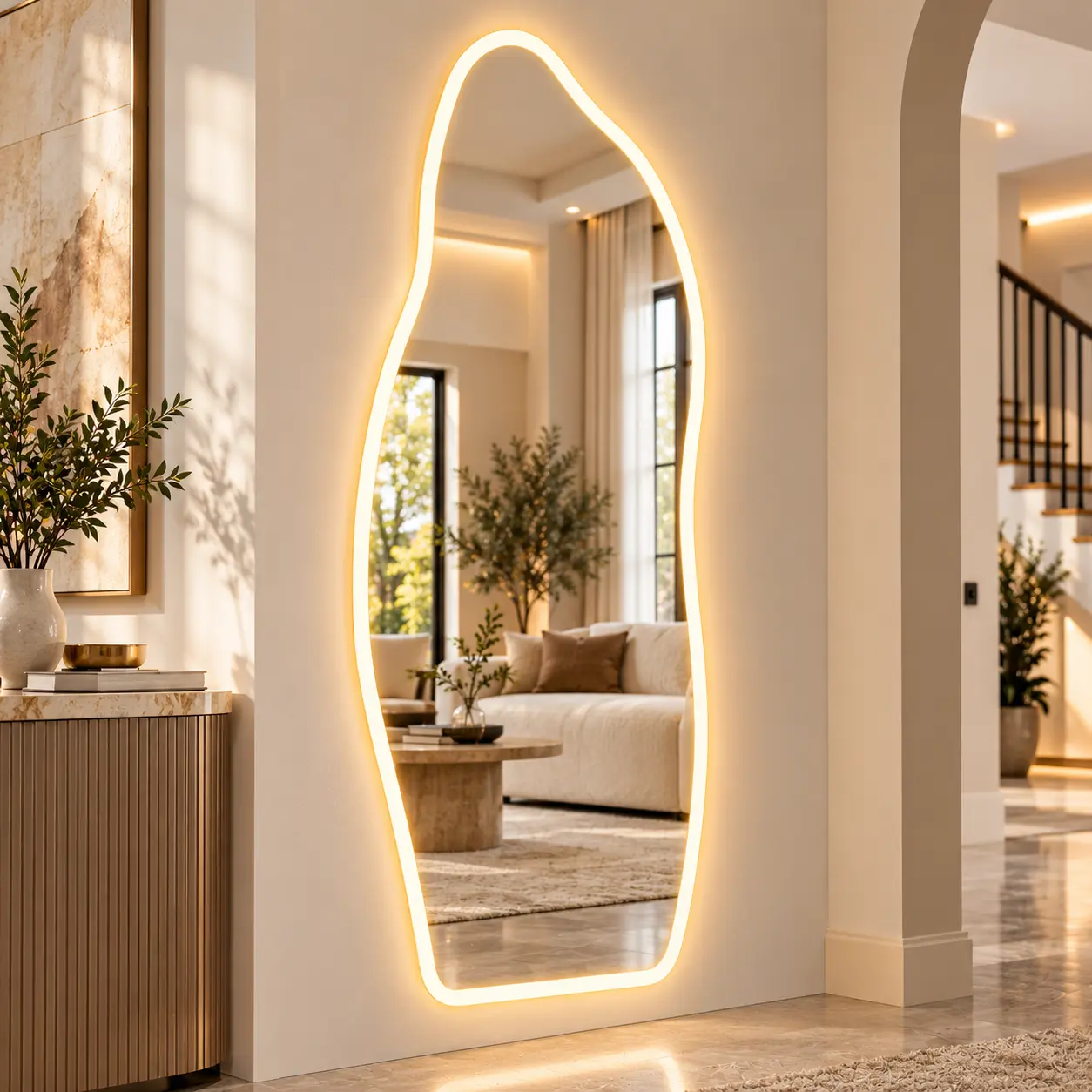 LED Illuminated Irregular Wall-Mounted Mirror 65x25 in, Asymmetrical Organic Wavy Tempered Glass Mirror with 3 Color Lights, Touch Adjustable Brightness, Easy Installation, Decor for Bedroom & Closet