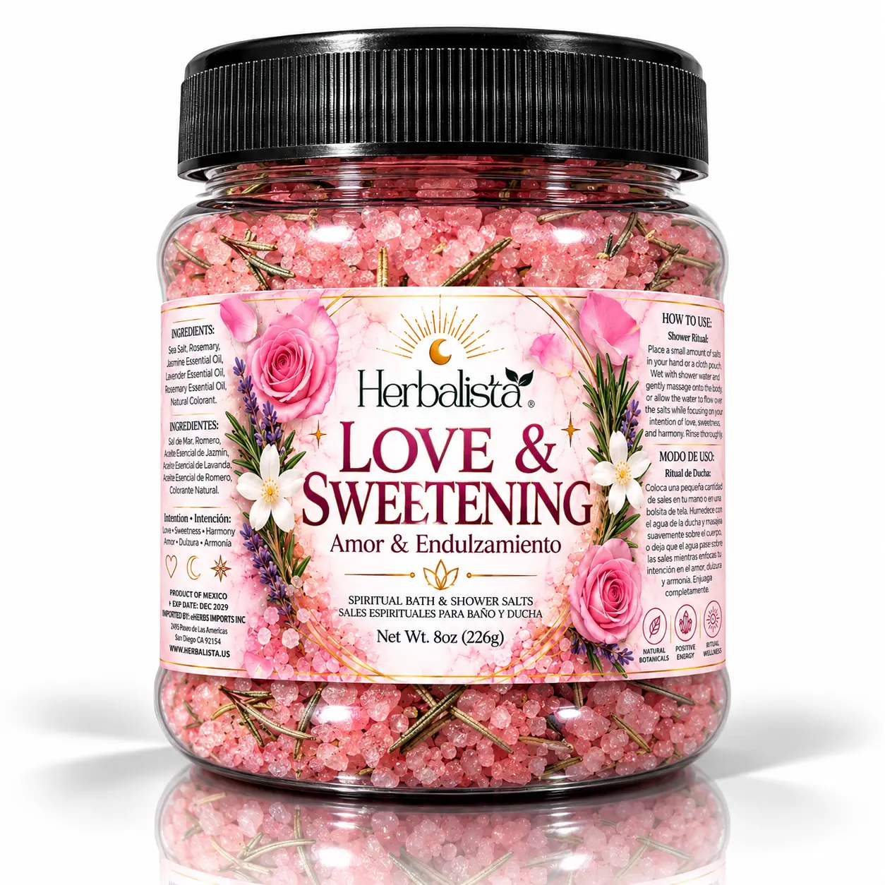 Herbalista Love & Sweetening Natural Herbs Bath Additive Blend - 8 oz Multi-Scented Bath & Shower Salts with Rose, Jasmine, Lavender, Rosemary Essential Oils - Amor & Endulzamiento Sales Espirituales Magicas para Baño y Ducha