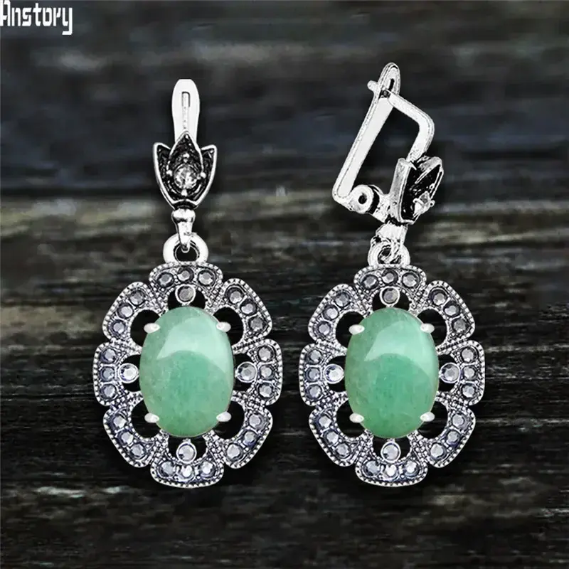 Vintage Plumflower Natural Jades Quartz Earrings For Women Antique Silver Plated Lapis Lazuli Tiger Eye Stone Fashion Earring
