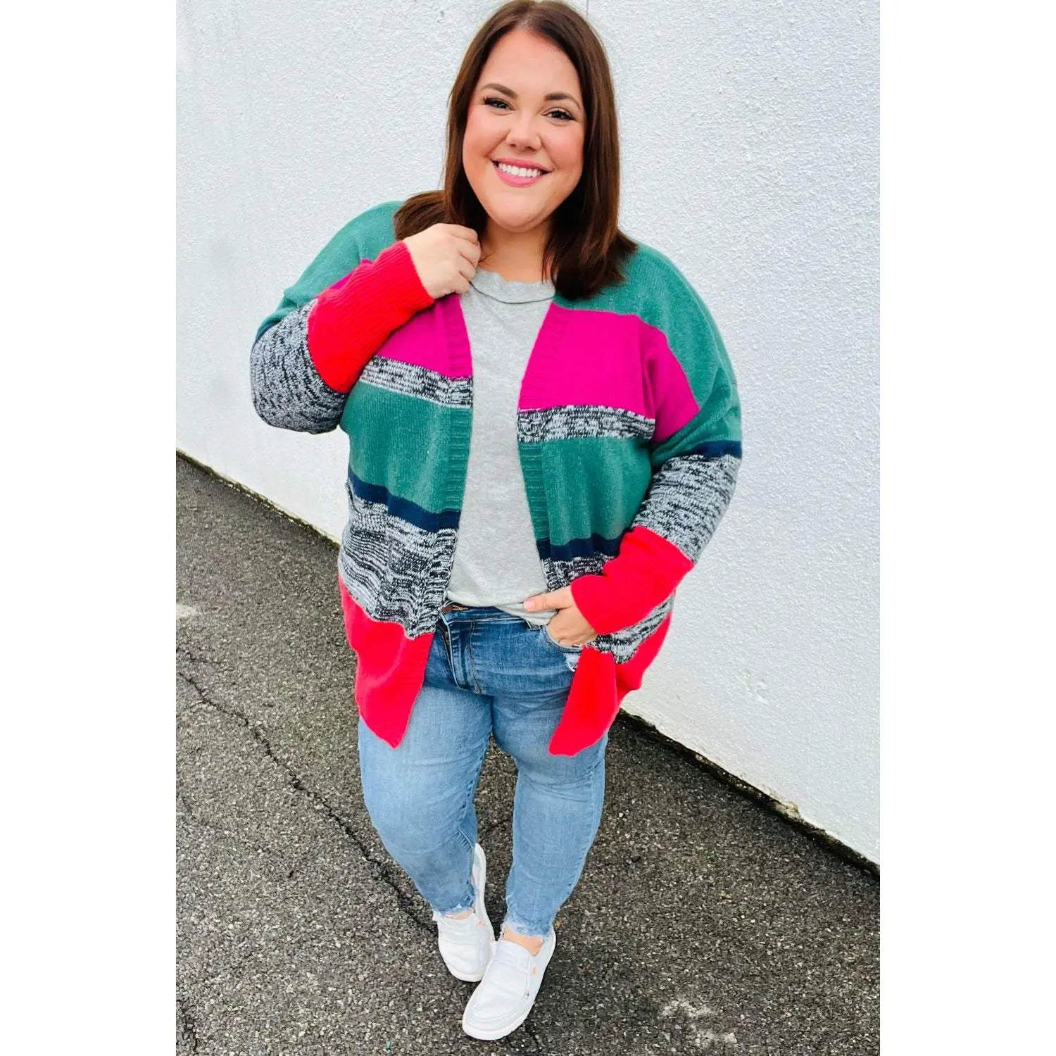 Face The Day Magenta & Hunter Green Two Tone Cardigan