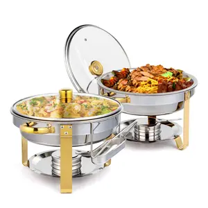 [FLASH SALE] ROVSUN 5 QT Round Gold Chafing Dish Buffet Set with Glass Lid & Holder
