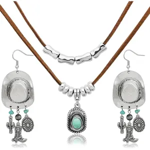 2pcs Western Turquoise Beads Cowboy Cowgirl Hat Necklace Boots Earrings Jewelry Set For Women Bohemian Layered Imitation Faux Leather Choker West Outfits Accessories