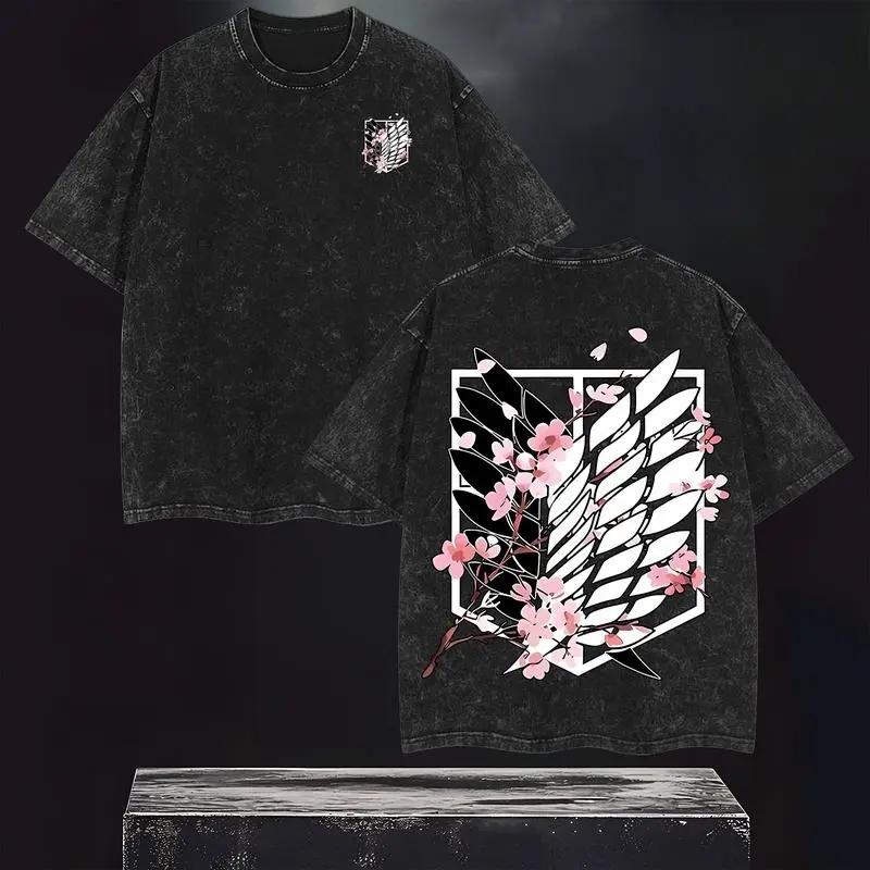 Men's Anime Tshirt with Wings of Freedom Graphic, Vintage Distressed Cotton, Oversized Cut Crew Neck Design M, Festive