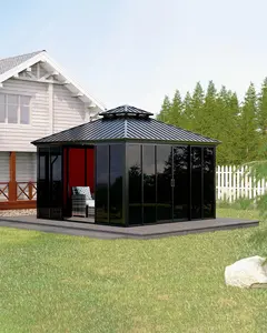 12x12 ft Hardtop Gazebo Sunroom, Enclosed Gazebo with Floor-to-Ceiling Sliding Doors, All-Aluminum Alloy Frame, Screen Outdoor Room Solarium for Backyard, Patio, and Deck
