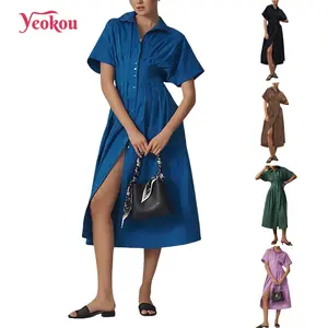 Yeokou Women's Button Down Shirt Dress | Summer Pleated Maxi Sundress with Pockets