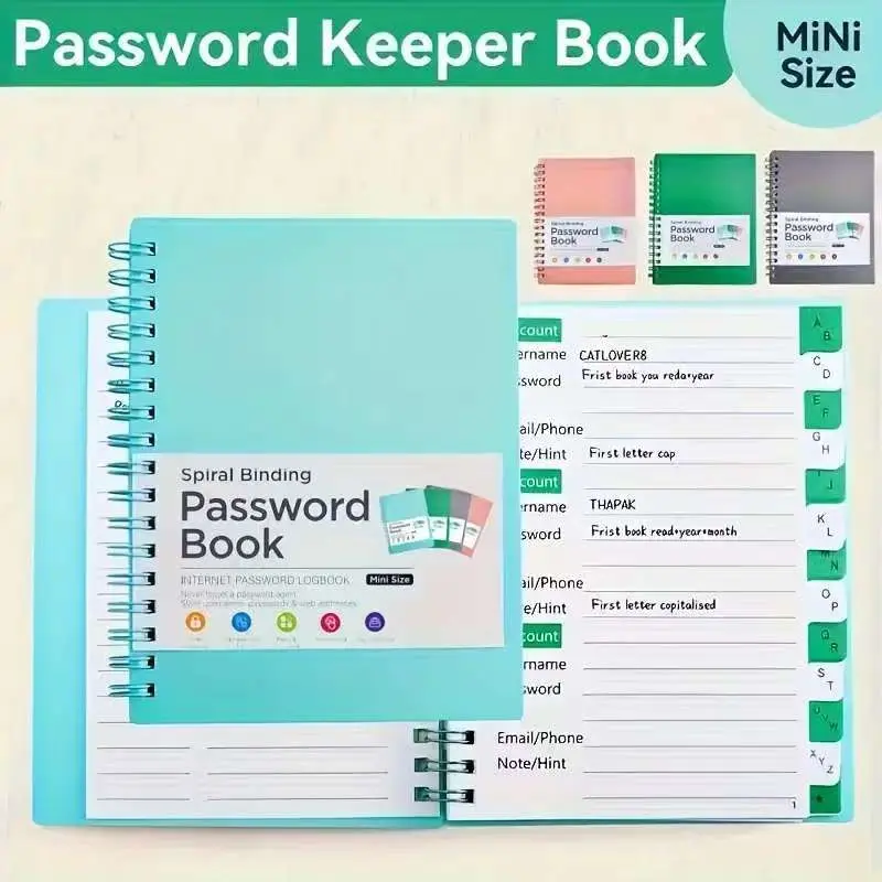 Portable Spiral Password Organizer with A-Z Laminated Letter Tags - Secure Internet Address and Credential Management Diary for Home and Office, Mini Size 4.7 x 6.1 inches