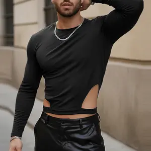 INCERUN Men's Slim-Fit Long-Sleeve Plain Round Neck Crop Top - Black, Strap-Accented, Waist Cut-Out, Irregular Hem, Fashion Menswear for Rave, Night Club