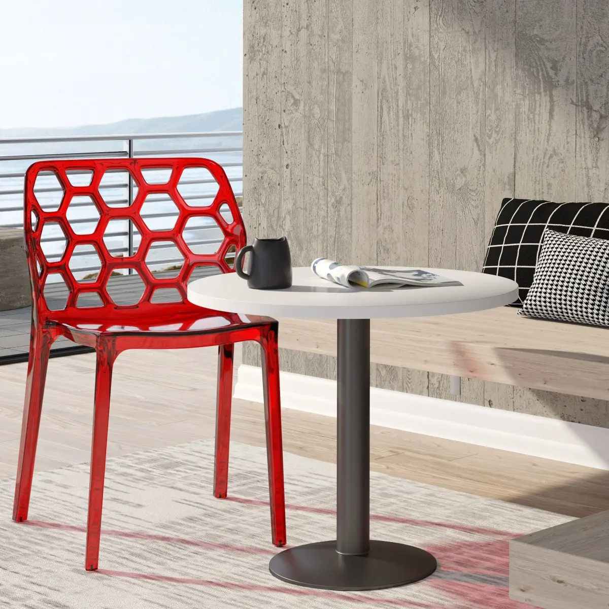 212 MAIN Modern Dynamic Indoor Dining Chair - LeisureMod DC19TR, Transparent Red, Contemporary Style, Hexagonal Form, Honeycomb Cut, Single Mold, Stackable Seat, 33.75x19.37x18.75 in Furniture Chair