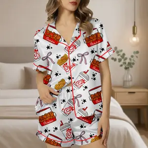 Fried Chicken Satin Pajama Set, Foodie Stars Sleepwear, Women's Short PJ Set