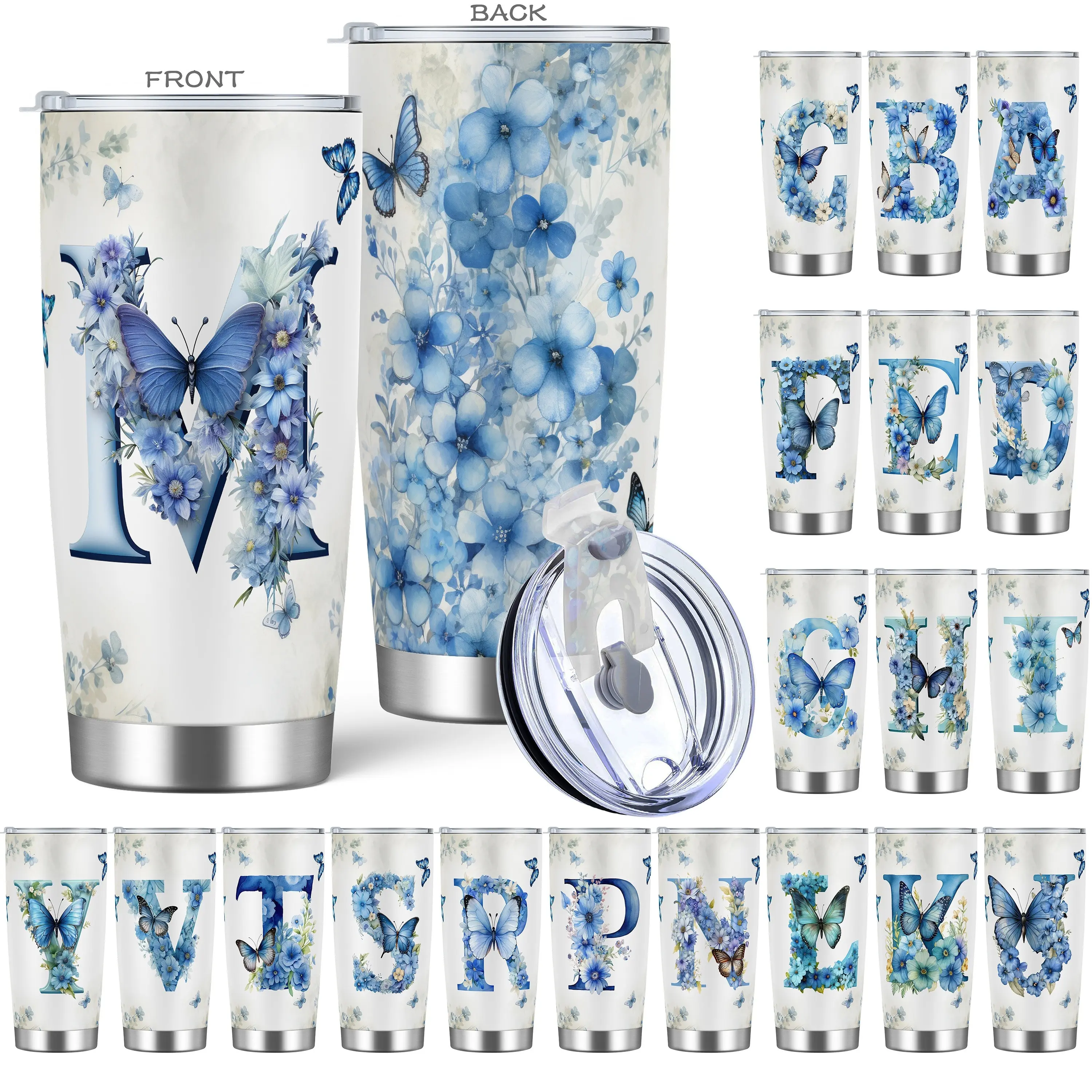 1count, Blue Alphabet With Butterfly Flowers Tumbler With Lid, 20oz A - Z Stainless Steel Water Bottle, Insulated Water Cups, Summer Winter Drinkware, Outdoor Travel Accessories