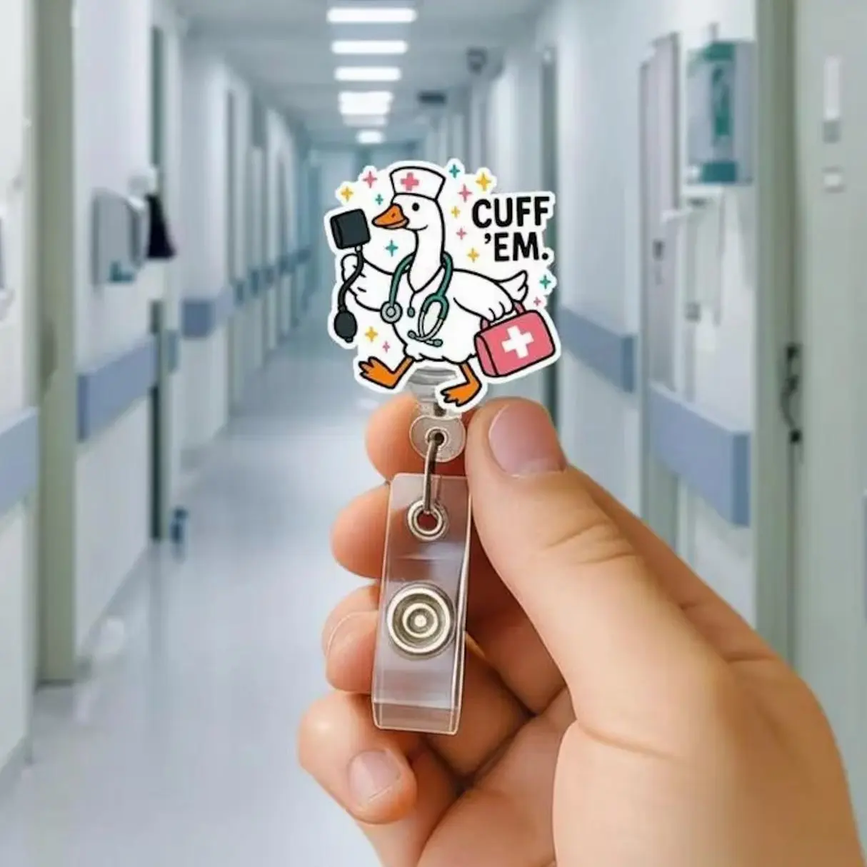 Silly Goose Nurse Badge Reel, Funny Duck ID Holder, Cuff Em Retractable Reel, Cute Medical Badge Clip, Nurse Gift, Vet Tech Accessory