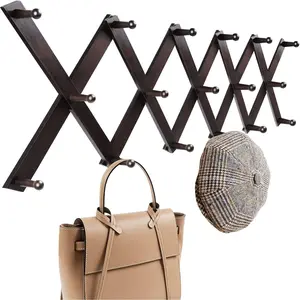 Accordion Wall Hanger, Hat Hangers Wall Mounted,  Accordian Coat Rack with 17 Hooks, Expandable Peg Rack Wall Organizer for  Baseball Caps, Hats, Purse, Coffee Cup, Bag, Walnut
