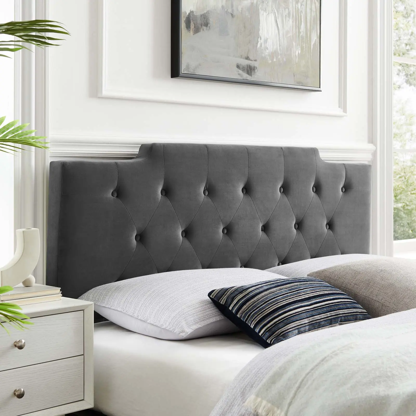 Modway Juliet Glam Upholstered Full/Queen Bed Frame with Height-Adjustable Tufted High Density Foam Headboard, Charcoal, 3 Positions, Indoor Use, Assembly Required, Master Bedroom Compatible