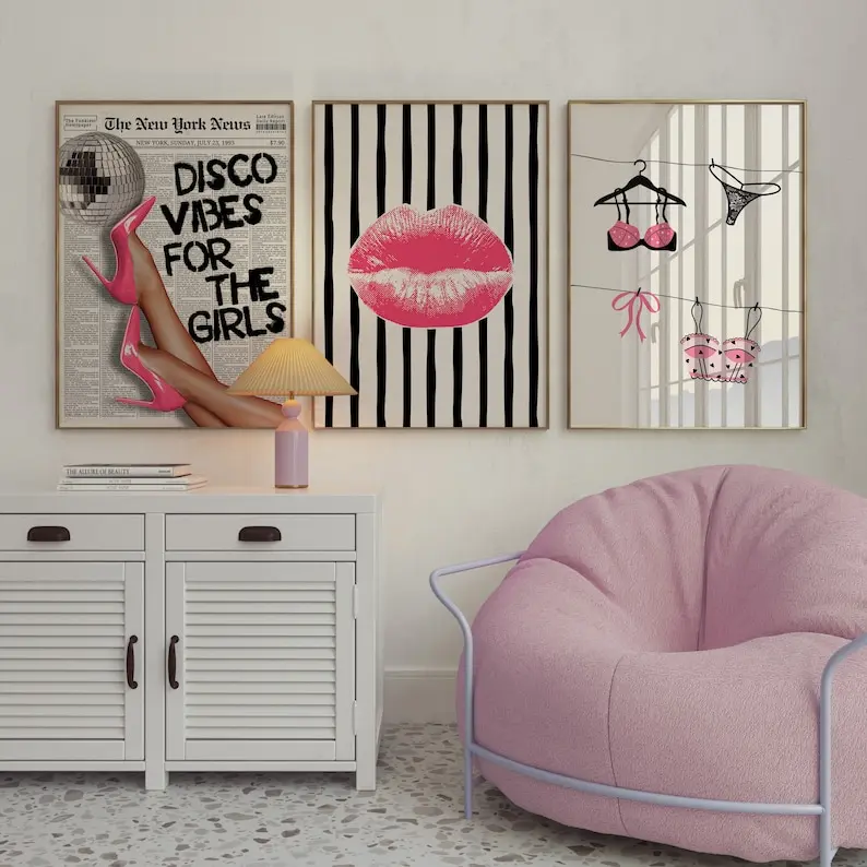 Trendy Pink and Black News Headline Print Set of 3 High Heels Kiss Poster College Dorm Girly Room Laundry Decor Bedroom Art Print