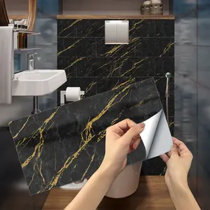 6/12/24/48PCS Rectangular Retro Black-Gold Vein Marble Tile Stickers | PVC Crystal Film | Waterproof Oil-Proof Kitchen Bathroom Decor (FG) Tile Wall Decals