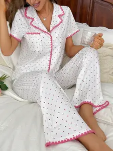 Women's Elegant Casual Sweet Cute Heart Colorblock Knit Pajama Set, Pjs, Comfortable Homewear, Cozy Loungewear, Daily Wear, Two-Piece Sleepwear