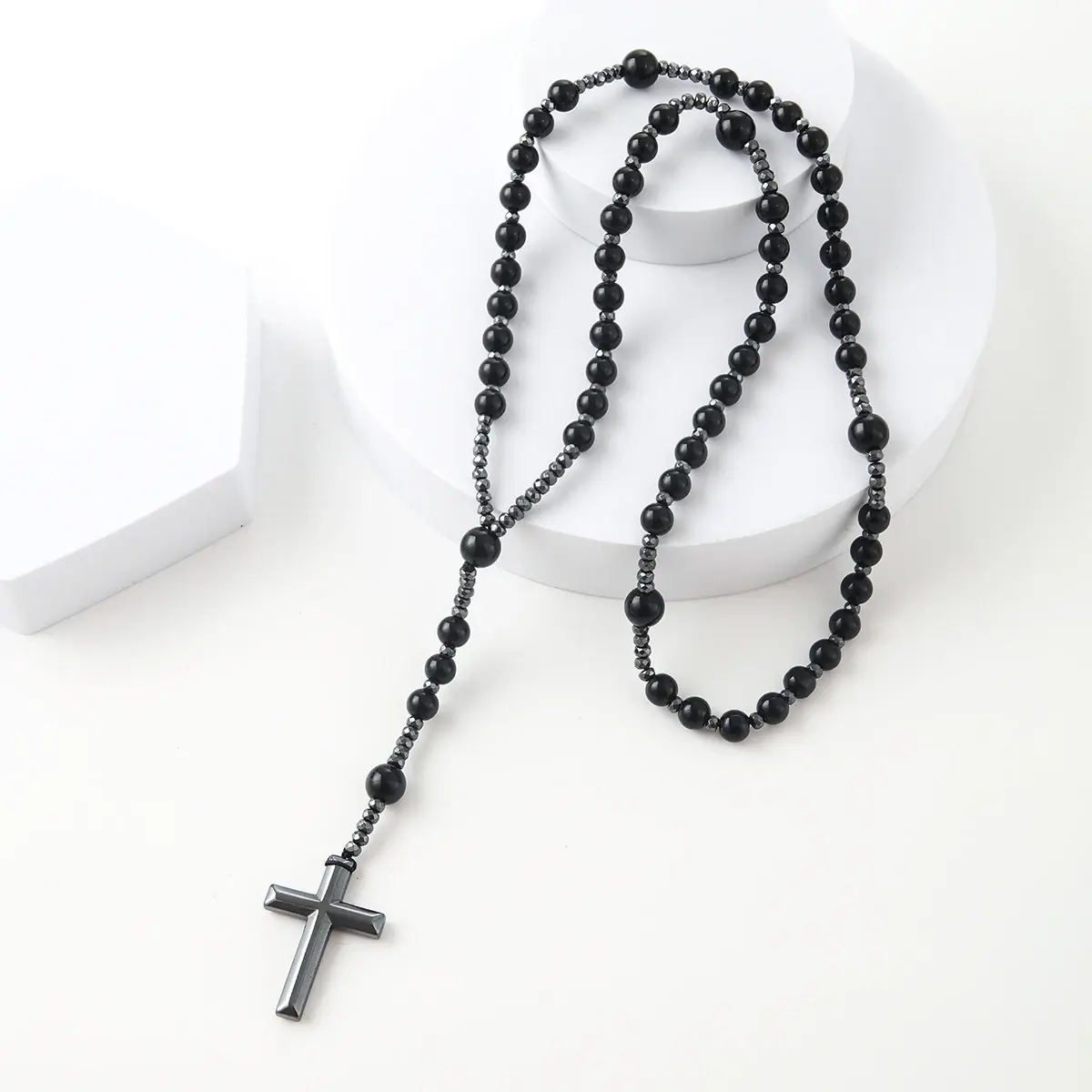 Handcrafted Rosary Necklace with UV-Reactive Yooperlite & Obsidian Gemstones, 36-Inch Elegant Cross Chain with Hematite Pendant, Unisex Spiritual Jewelry for Meditation, Spirituality, Adults