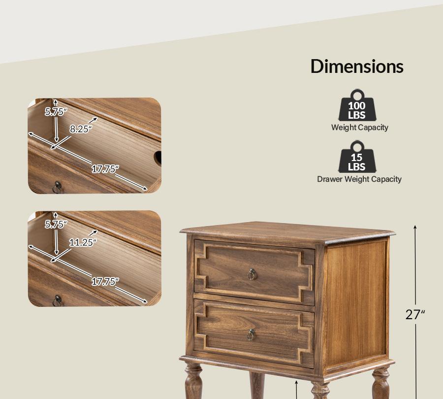 Hulala Joah 28"Tall Farmhouse 2-Drawer End Table with Built-in Charging, Farmhouse and Transitional Styles, Rustic Elegance, Convenient Charging Station, Round Ring Pulls, Spindle Legs with Cushioned Feet, Solid Wood Construction