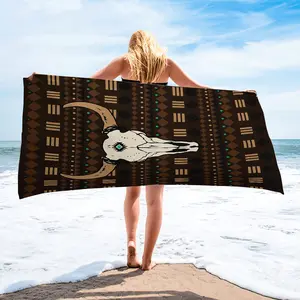 Southwest Style Bull Skull Print Beach Towel, Quick-Dry Absorbent Pool Towel Bath Towel Blanket, Geometric Totem Pattern, Beach Vacations, Pool Parties, Camping Daily Bathing Skin-Friendly Both Adults and Children Use