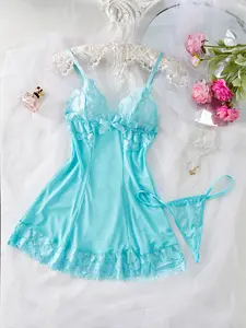 Sexy Sheer Lace Trim Butterfly Knot Strap Sleepwear, Fitted Casual Nightgown for All Seasons, Includes Matching Panties