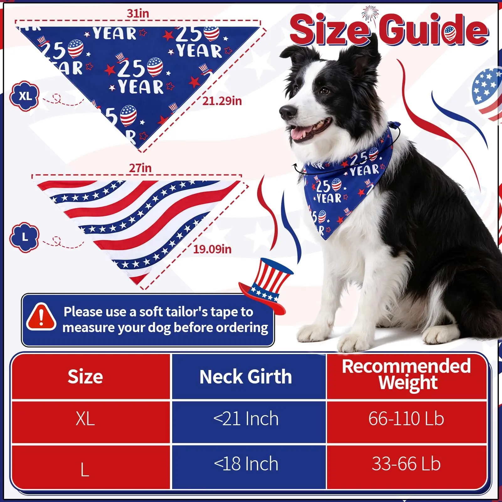 Dog Patriotic Bandanas (2Pcs, Large) - 250th Anniversary USA Polyester Fabric Dual-Layer Reversible Graphic Scarf, 4th of July Independence Day Outfit Accessory for Extra Large Dogs, Memorial Day