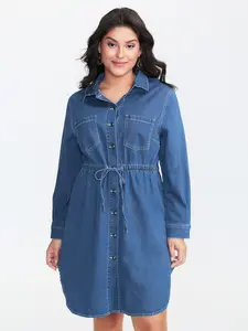 Women's Denim Material Long Sleeve Basic Casual Waist-Defining Shirt Dress with Pocket Swimweek