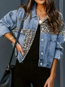 Women's Leopard Print Patchwork Denim Jacket, Loose Fit Distressed Denim Top, Casual Outerwear for Spring & Summer, Light Blue